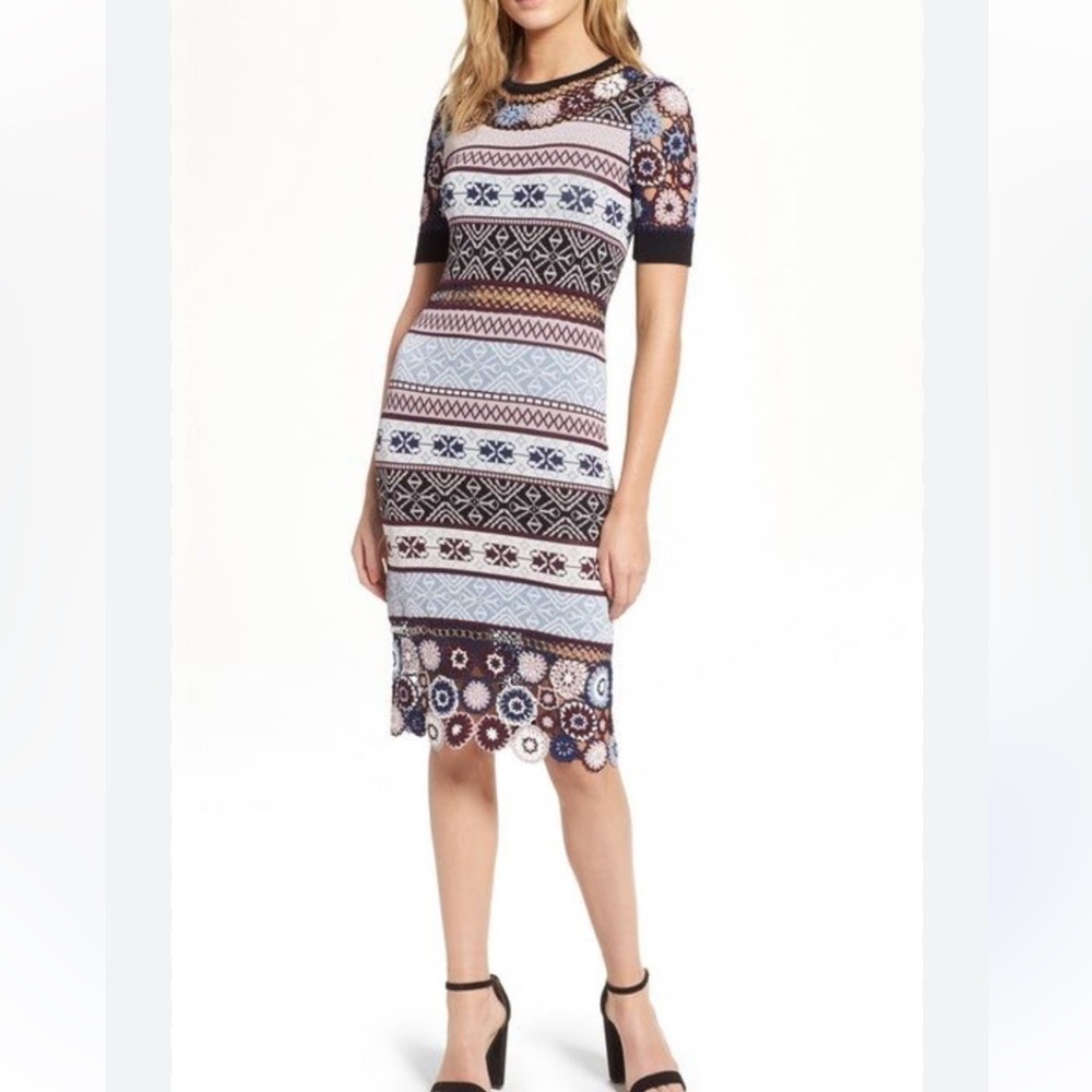 Parker Knit Midi Dress Small Blue Lilac Crotchet Flower Pattern Boho Gipsy